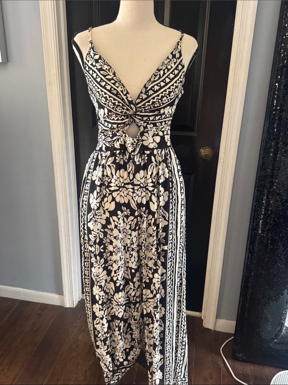 Angie Black and White Floral Cutout Jumpsuit